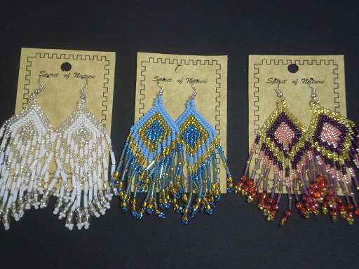 Beaded earrings, Native style, rhombus and tassels.